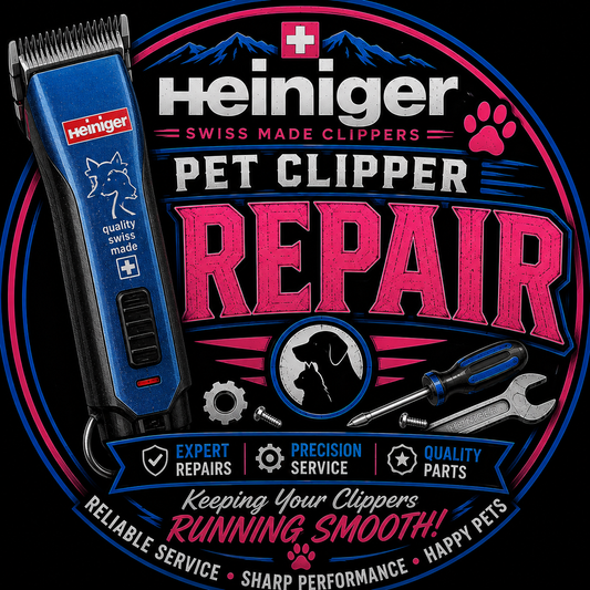 Heiniger pet clipper repair promotional graphic on a black background, featuring a blue and black clipper, large pink 'REPAIR' text, tools, and service claims for expert repairs, precision service, and quality parts.